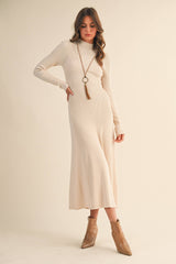 ID9660 MOCK NECK LONG SLEEVE RIB KNIT FLARED MIDI DRESS: CREAM / S