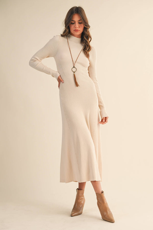 ID9660 MOCK NECK LONG SLEEVE RIB KNIT FLARED MIDI DRESS: CREAM / S