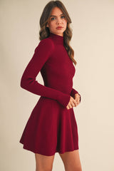 ID5527 MOCK NECK LONG SLEEVE FIT AND FLARE MINI DRESS: Burgundy / M