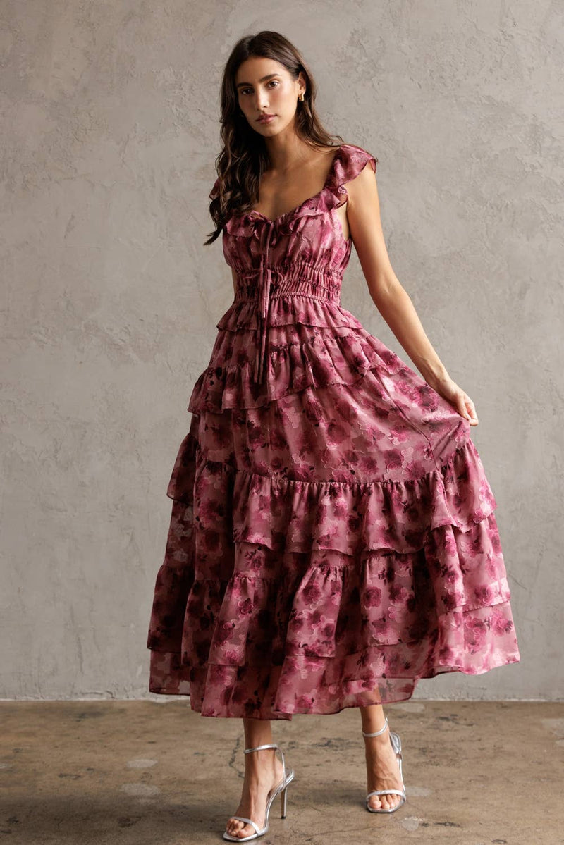 FLORAL RUFFLED TIERED DRESS L