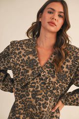ID9370-A OVERSIZED COLLAR PUFF SLEEVES LEOPARD DENIM DRESS: LEOPARD / S