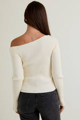ONE SHOULDER RIBBED DIFFERENCE DETAIL SWEATER TOP: H BROWN / XS