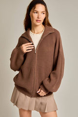 ZIP UP OVERSIZED SWEATER CARDIGAN: Taupe / L