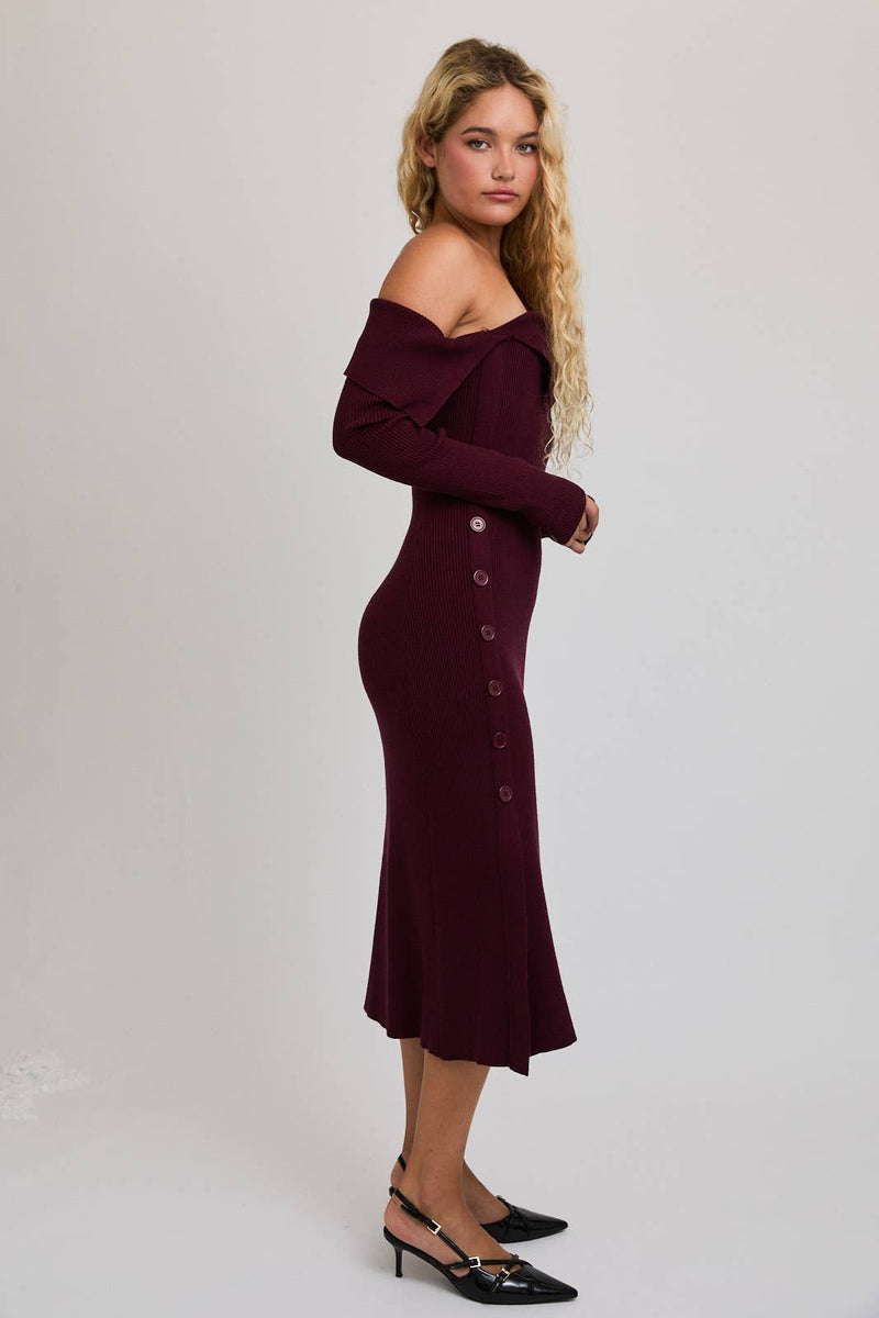 LONG SLEEVE MIDI DRESS: MAROON / M