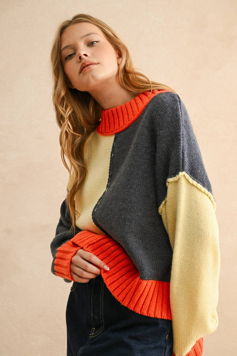 COLOR BLOCK SWEATER TOP L