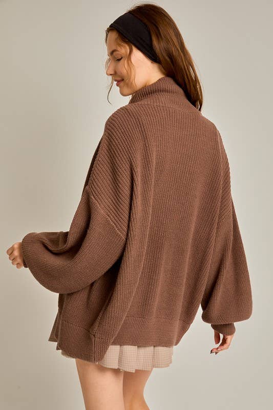 ZIP UP OVERSIZED SWEATER CARDIGAN: Taupe / S
