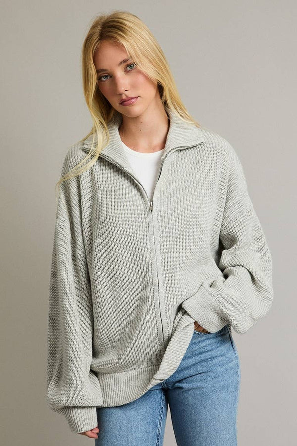 ZIP UP OVERSIZED SWEATER CARDIGAN: Taupe / S