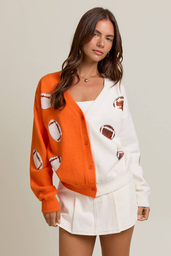 KNIT SWEATER CARDIGAN WITH FOOTBALL SEQUIN EMBROIDERY: WHITE-ORANGE / XS