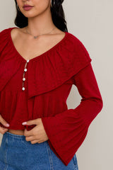 LONG SLEEVE FINE KNIT SWEATER WITH RUFFLE DETAILS: RUBY RED / S