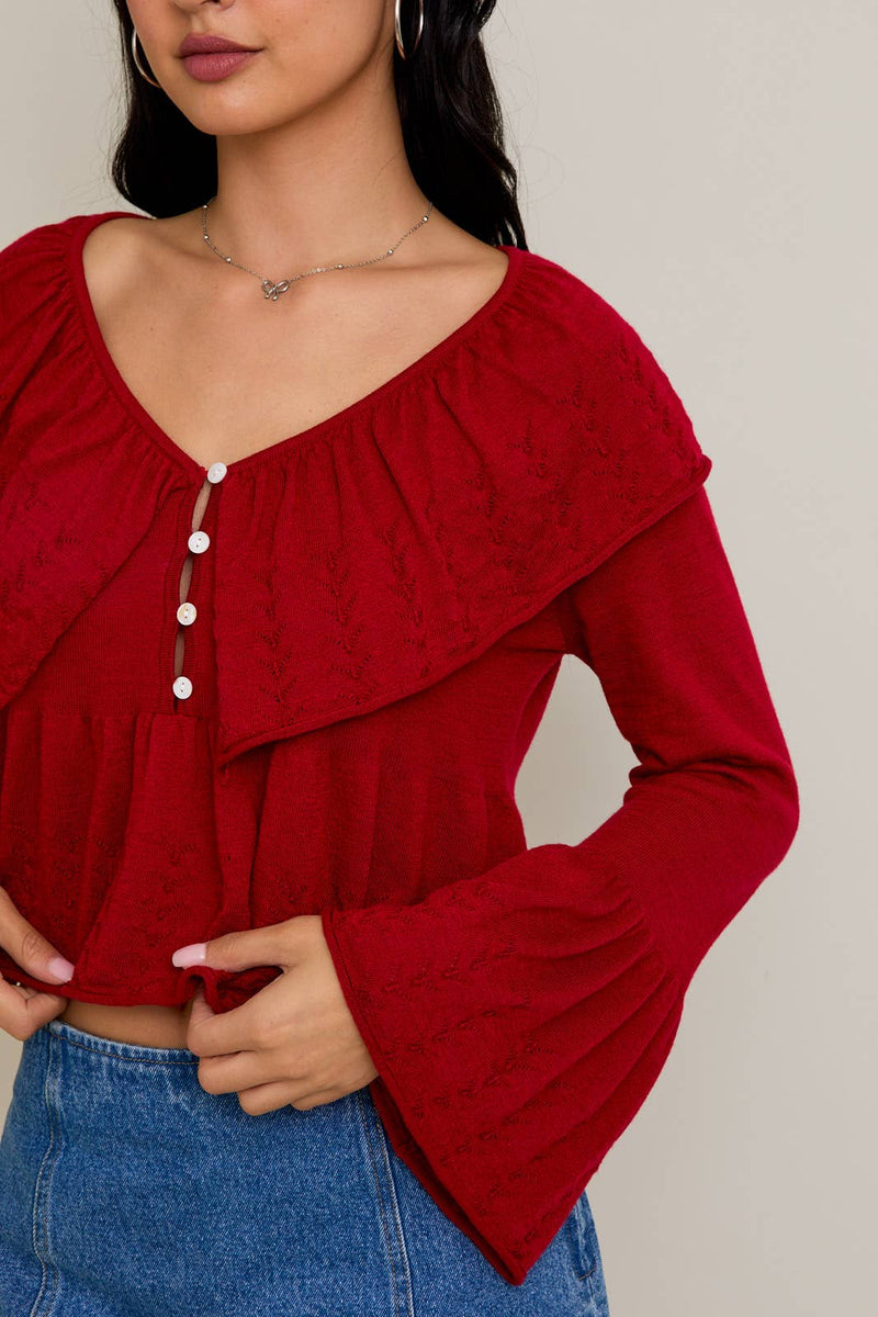 LONG SLEEVE FINE KNIT SWEATER WITH RUFFLE DETAILS: RUBY RED / S