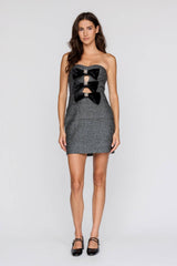 JD7868 - STRAPLESS MINI DRESS WITH VELVET BOWS: BLACK/ SILVER / L