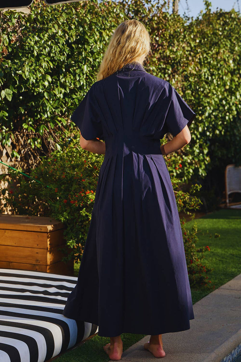 Button-Front Pleated Midi Shirt Dress