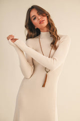 ID9660 MOCK NECK LONG SLEEVE RIB KNIT FLARED MIDI DRESS: CREAM / M
