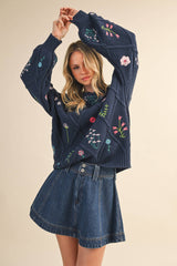 IT4253 MULTI FLORAL EMBROIDERED LATTICE CABLE SWEATER: NAVY / M