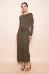 CHIC WRAP PANEL BUCKLE LONG SLEEVE MAXI DRESS-DD10840FO: NUDE / Contemporary / M