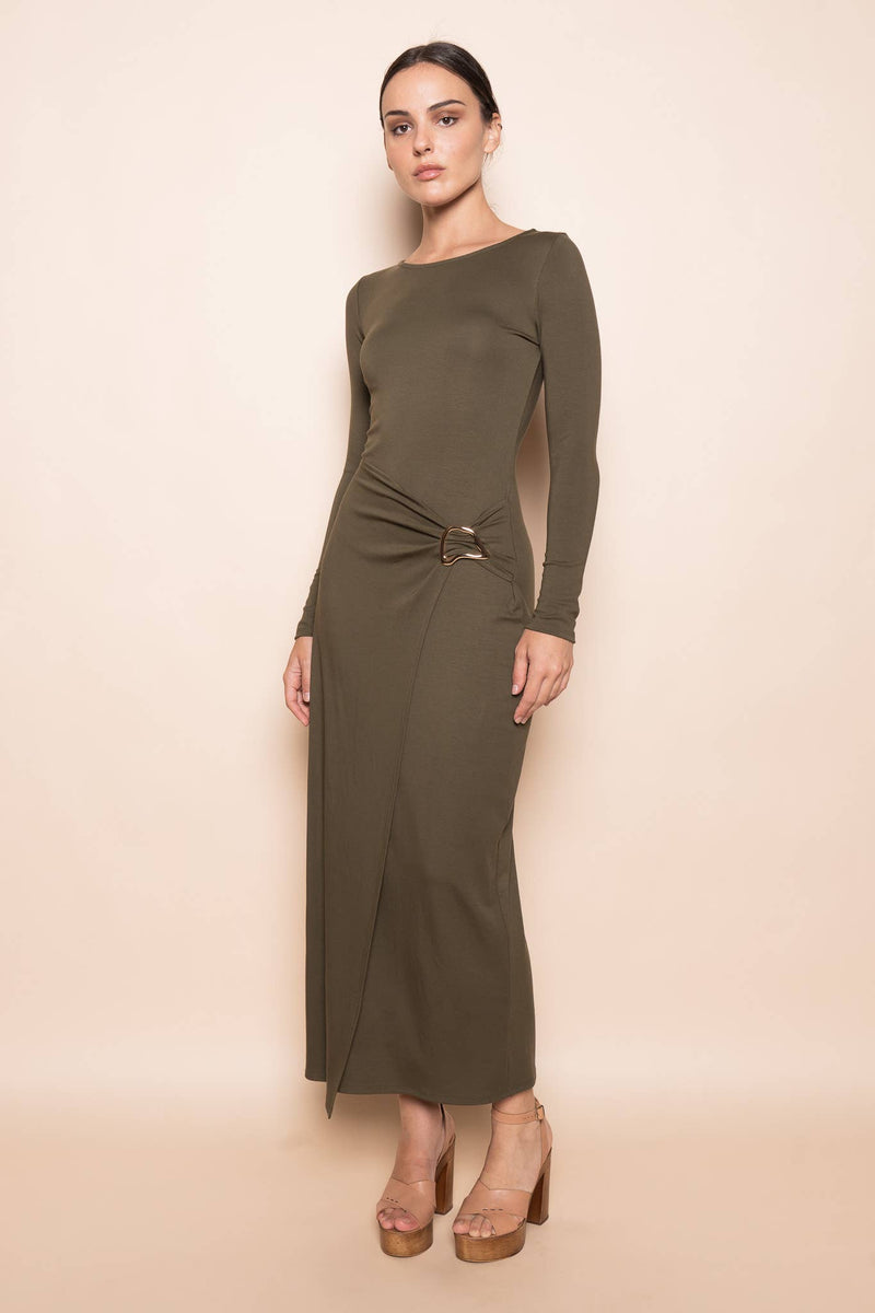 CHIC WRAP PANEL BUCKLE LONG SLEEVE MAXI DRESS-DD10840FO: NUDE / Contemporary / L