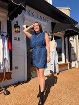 mock neck shoulder padded waist tie mini satin dress