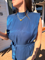 mock neck shoulder padded waist tie mini satin dress