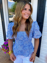 3d Flower Textured Stripe Short Bubble Sleeve Top