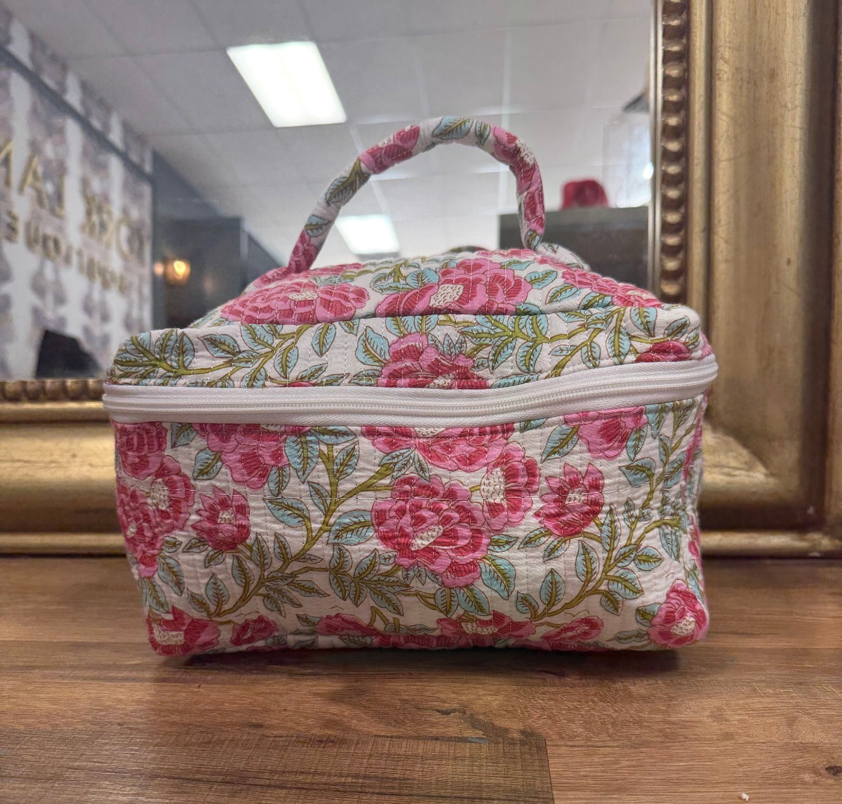 Handmade Quilted Cosmetic Bag: Block Print Toiletry Organizer- White Pink Floral