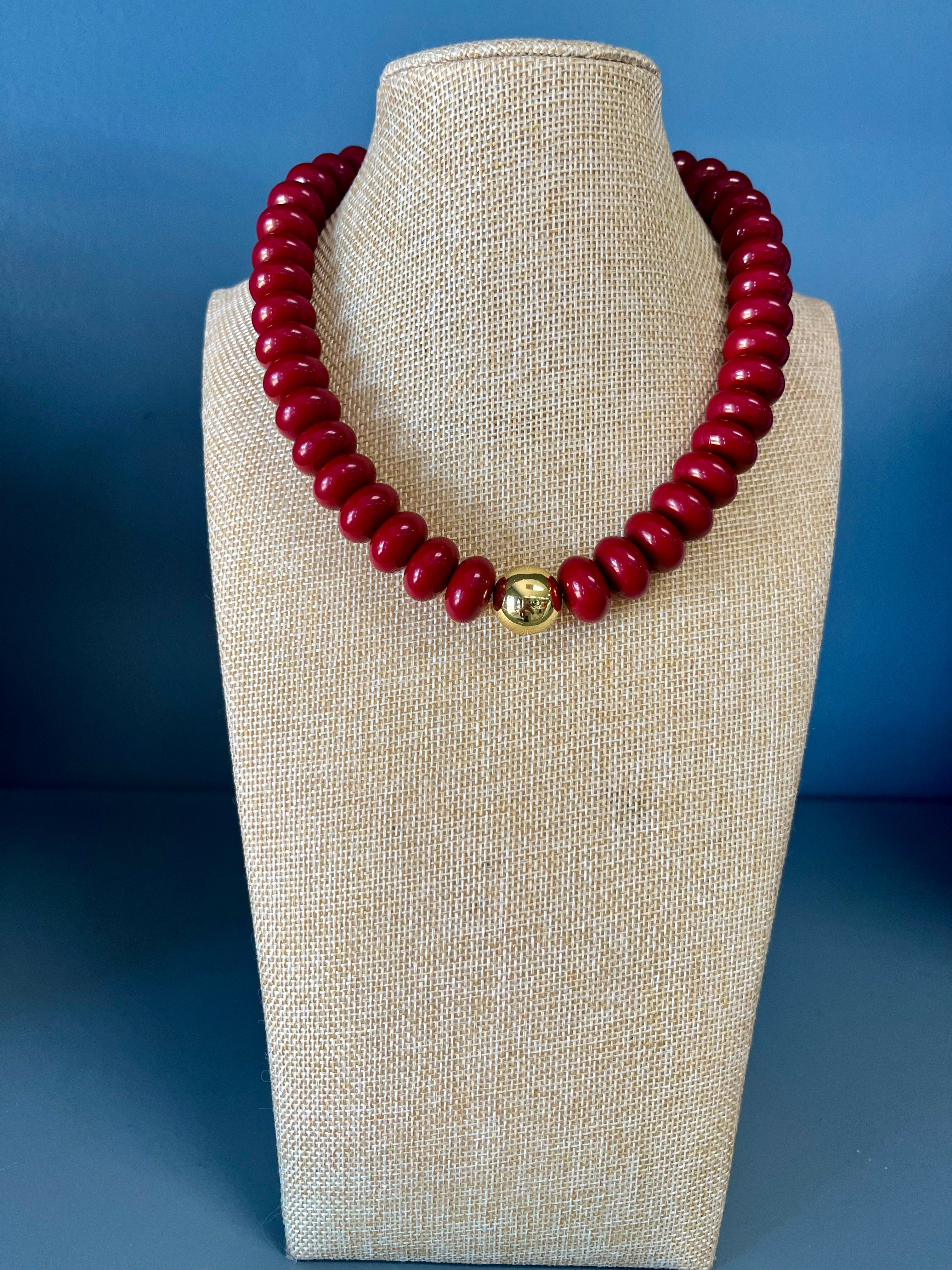 Beaded Burgundy Necklace with Gold Bead