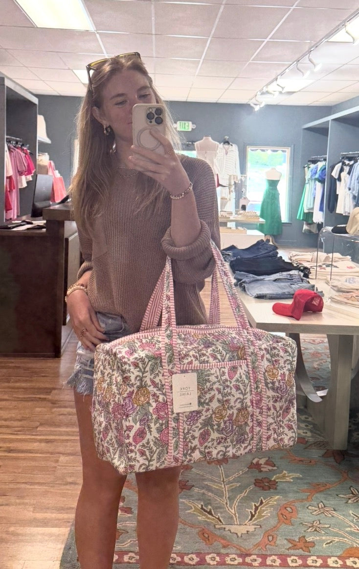 Handmade Quilted Cotton Duffle Bag, Block Printed Floral Weekender - White & Pink Floral