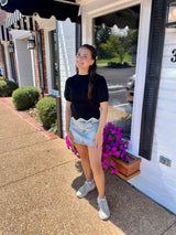 Black Scallop Sweater with White Trim