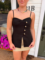 Flared Hem Button Up Spaghetti Strap Top