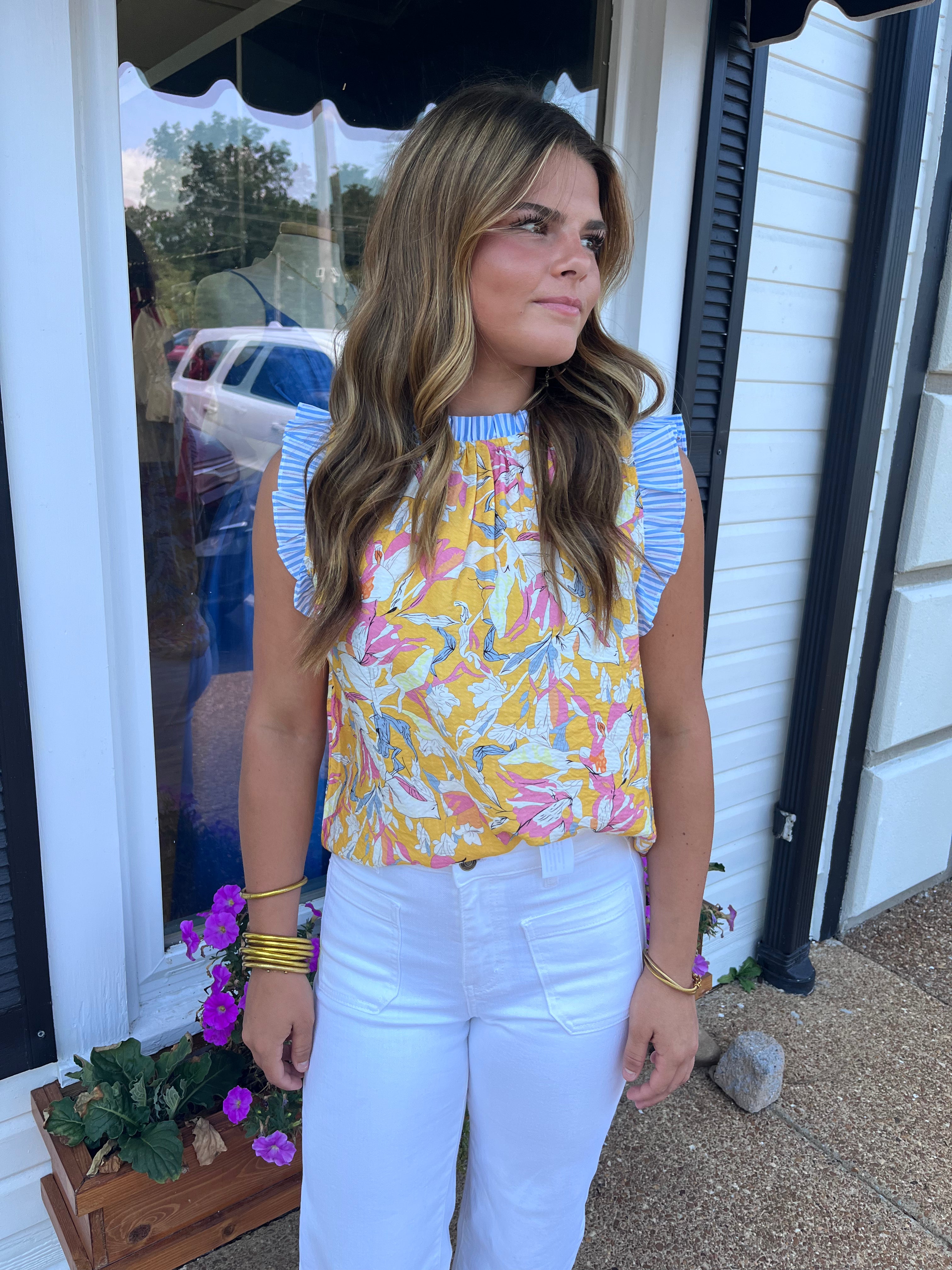 Ruffle Neck Floral Print Contrast Sleeve Fashion Top
