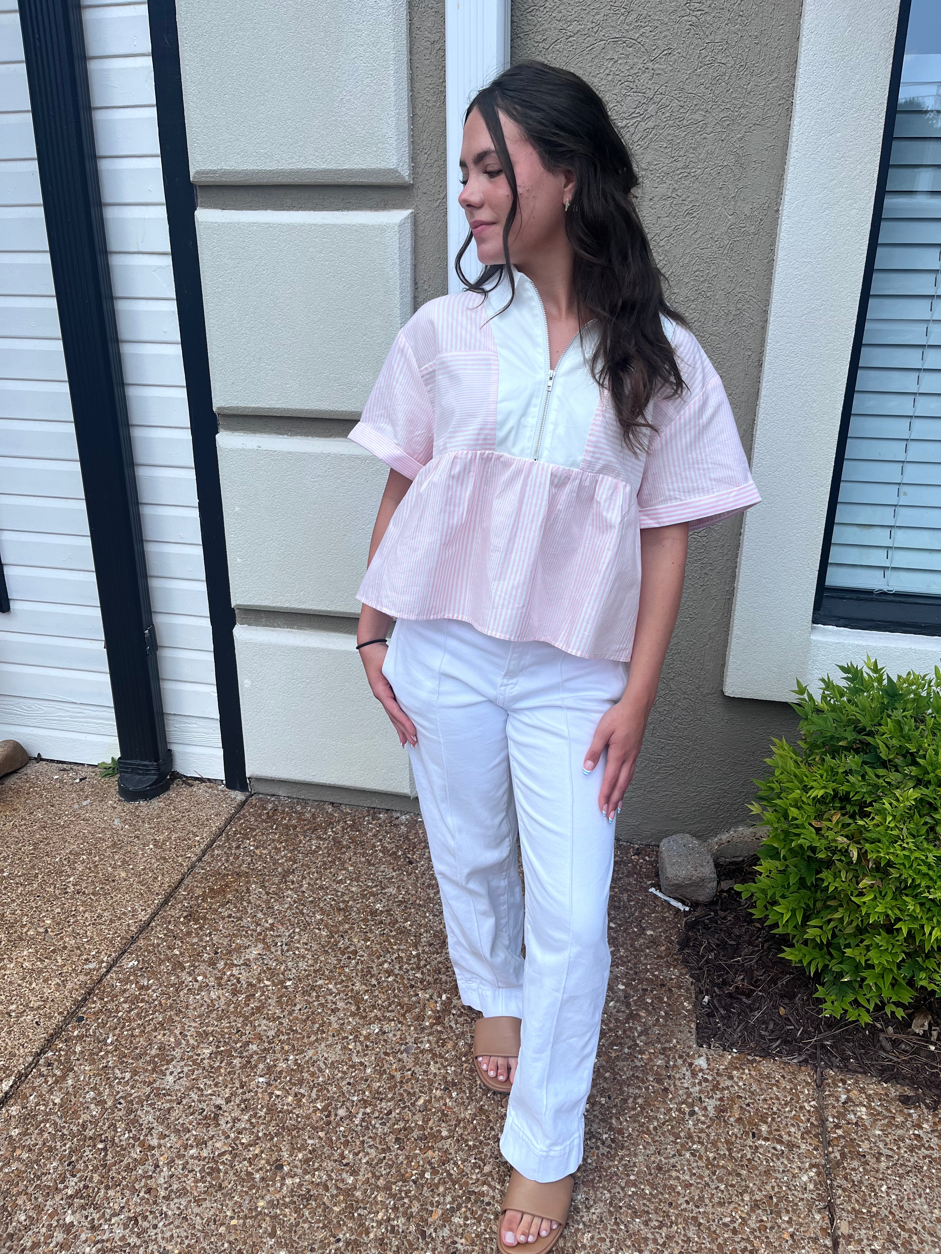 Striped Half Zip Baby doll Top