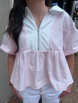 Striped Half Zip Baby doll Top