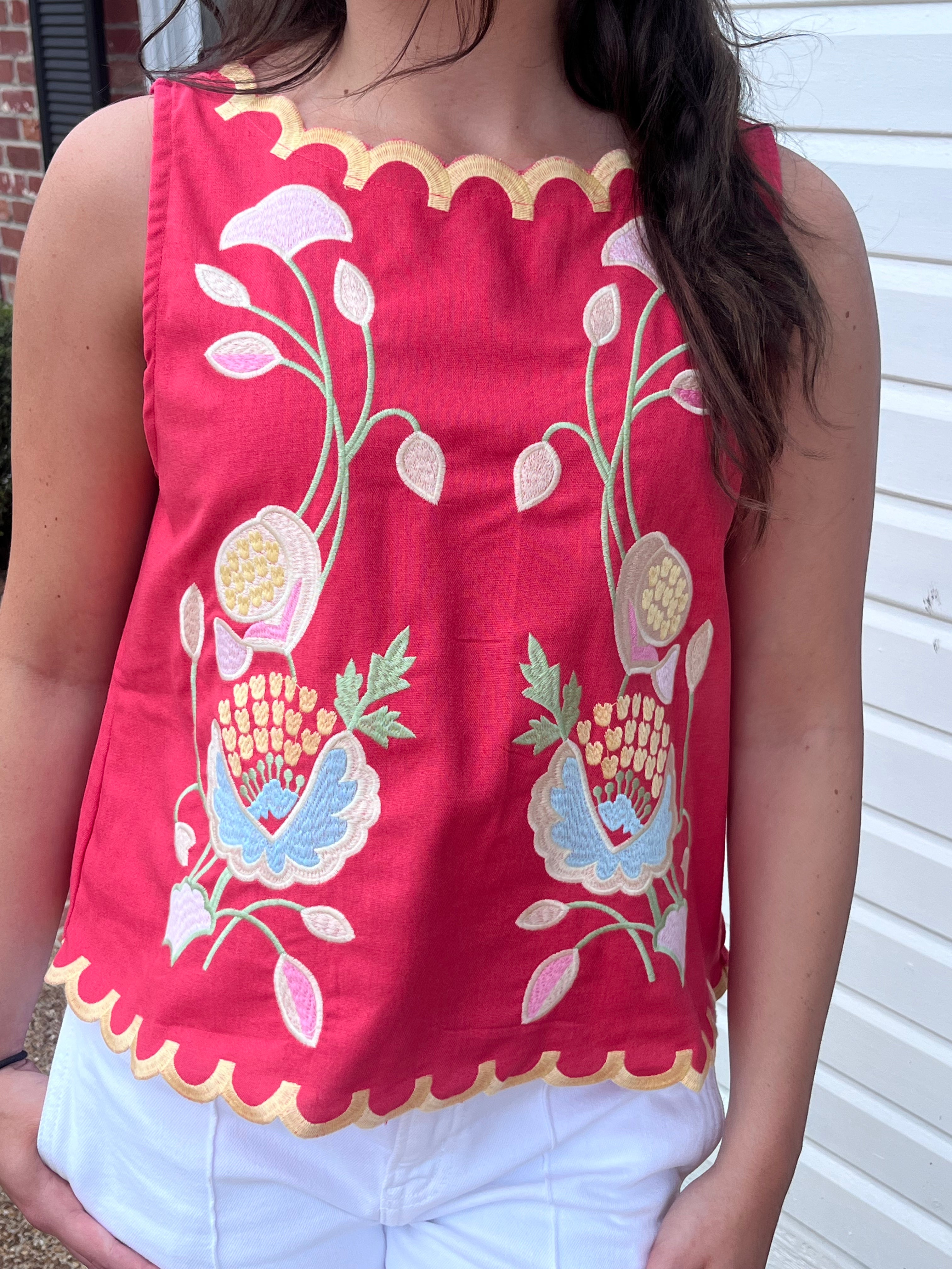 Floral Embroidery Scalloped Top