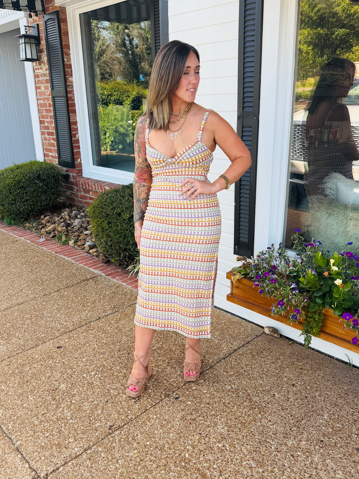 Front Twist Multi Color Crochet Midi Dress