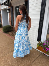 Blue & White Printed Maxi Dress