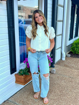 Cropped Button-up Top With Floral Puff Sleeves And Collar