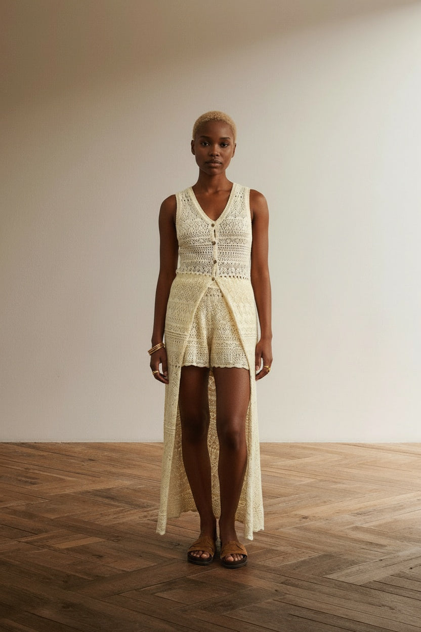 Full body view of the model wearing Crochet Long Cardigan
