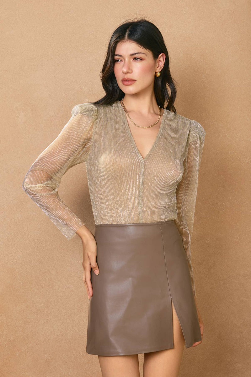 Faux Leather Slit Mini Skirt: TAUPE