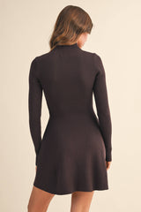 ID5527 MOCK NECK LONG SLEEVE FIT AND FLARE MINI DRESS: Burgundy / M