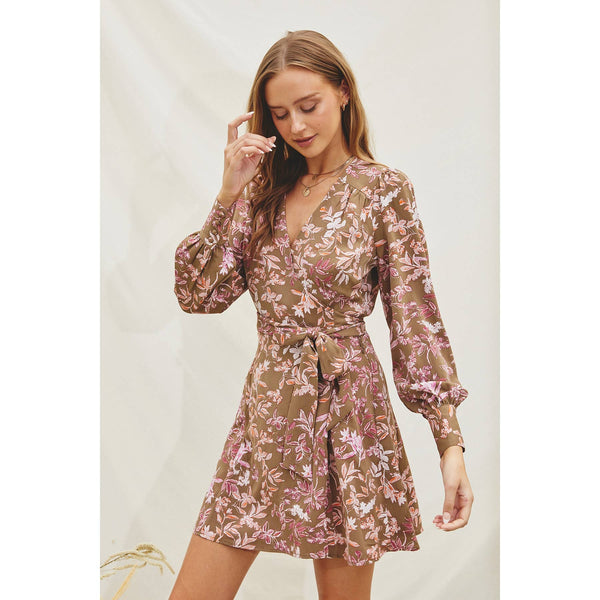 Floral Mini Wrap Dress: TAUPE/MAUVE
