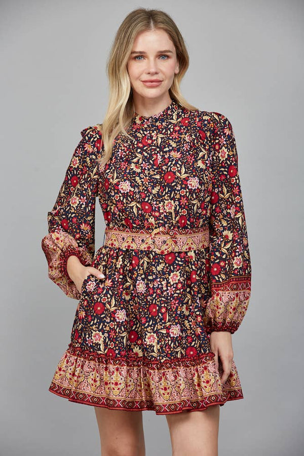 BORDER PRINT BELTED BUTTON DOWN MINI DRESS FD34104: NAVY MULTI / S