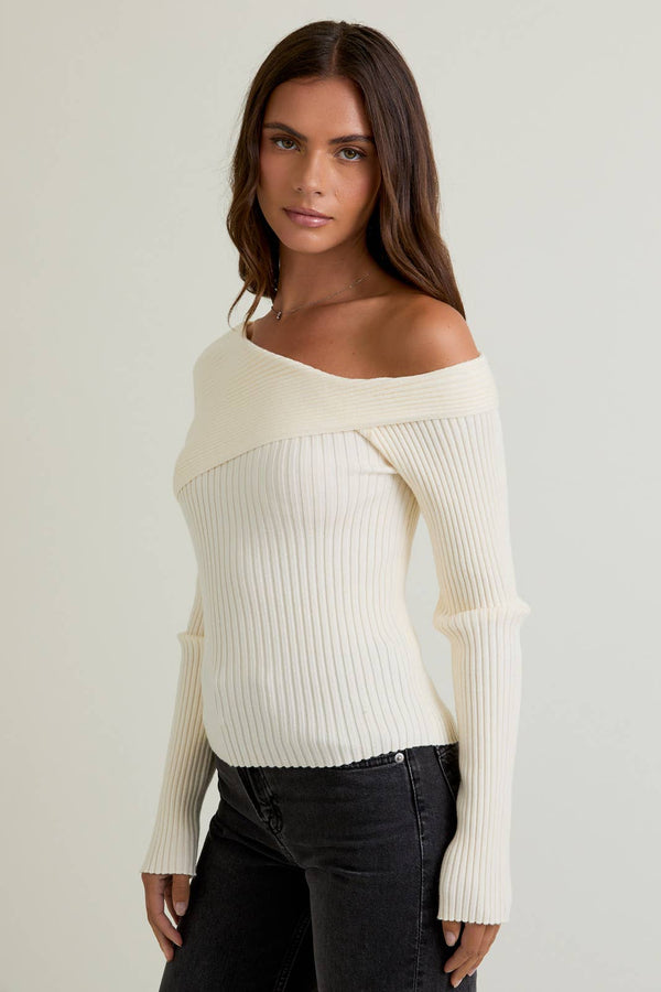 ONE SHOULDER RIBBED DIFFERENCE DETAIL SWEATER TOP: IVORY / S