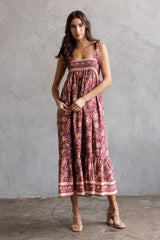 SJD7582 - MULTI FLORAL TIE MIDI DRESS: WINE MULTI FL / S