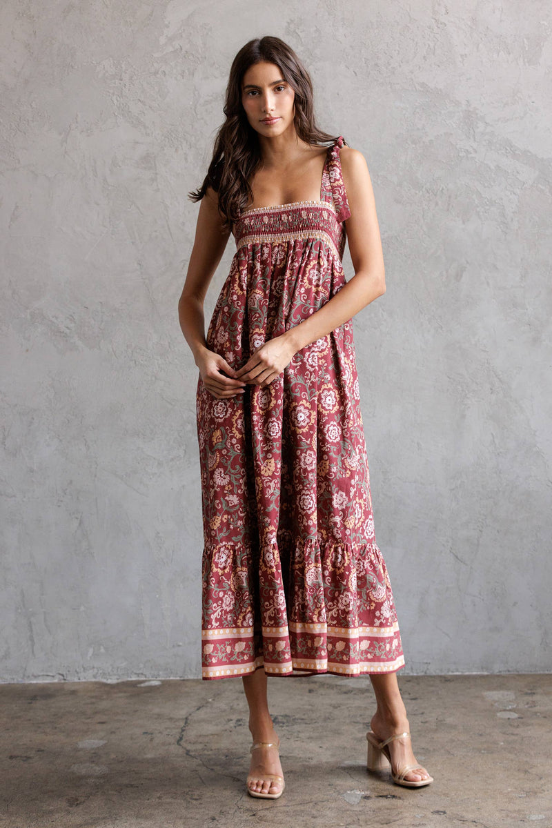 SJD7582 - MULTI FLORAL TIE MIDI DRESS: WINE MULTI FL / S