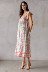 SJD7582 - MULTI FLORAL TIE MIDI DRESS: WINE MULTI FL / S