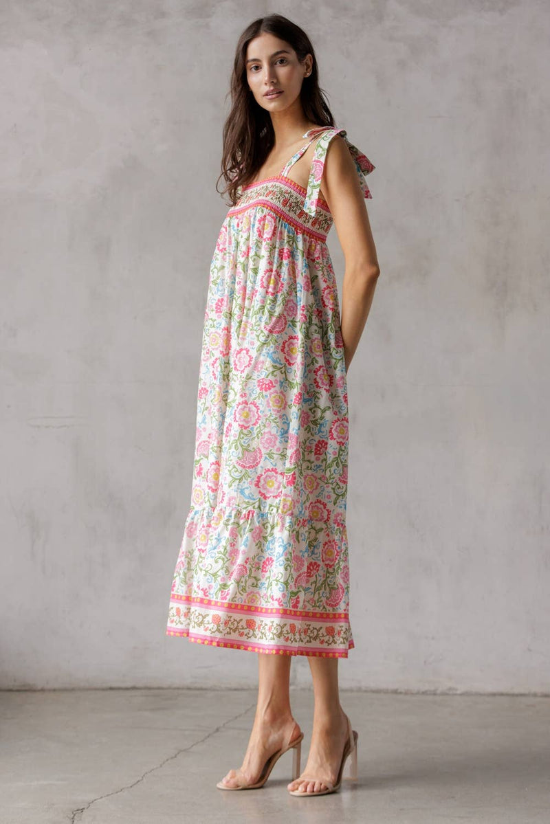 SJD7582 - MULTI FLORAL TIE MIDI DRESS: WINE MULTI FL / S