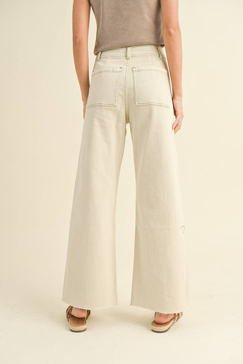MMP1913   STRAIGHT WIDE LEG PANTS WITH FRONT POCKET: WASHED BEIGE / L
