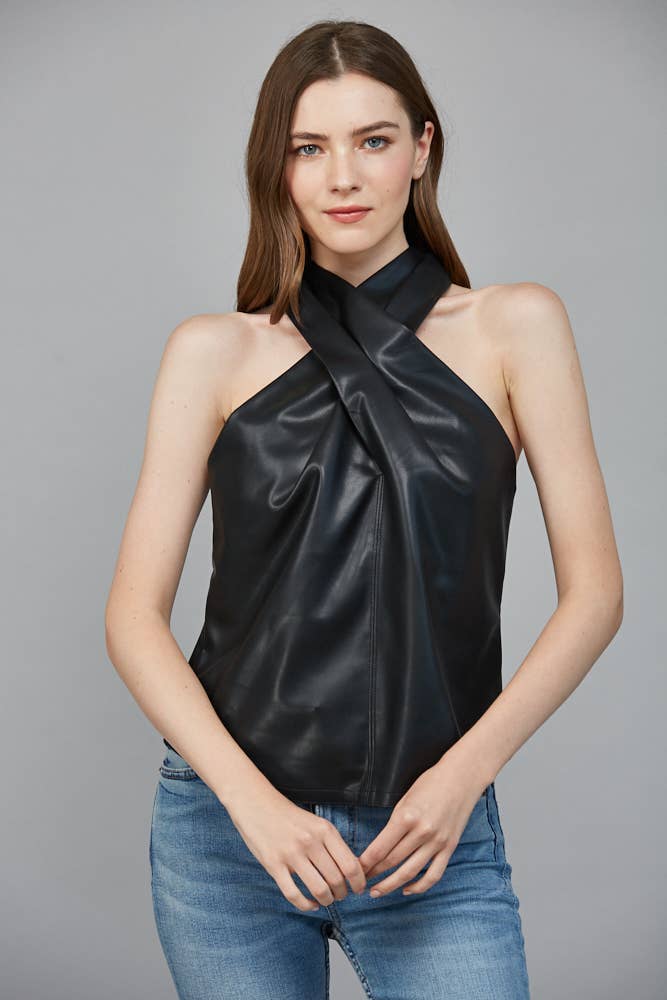 FAUX LEATHER CRISSCROSS NECKLINE SLVL TOP FT25409 : BLACK / L