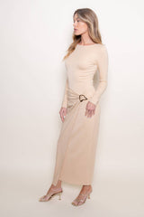 CHIC WRAP PANEL BUCKLE LONG SLEEVE MAXI DRESS-DD10840FO: NUDE / Contemporary / M