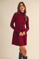 ID5527 MOCK NECK LONG SLEEVE FIT AND FLARE MINI DRESS: DK CHOCOLATE / M