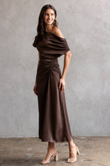 JD9203-ONE SHOULDER RUCHED MIDI DRESS: CHOCOLATE / M